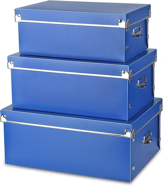 SEEKIND photo boxes storage, storage boxes with lids and Handles, 3 in 1 Set, Multiple Size(Small/Medium/Large) Plastic Box for Photos, Document, Cosmetic, Socks, Snacks, Etc(Blue)-NeatNest