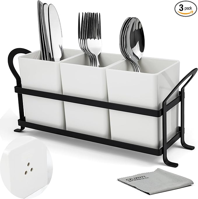 Cutlery Holder with Drain Holes, Silverware Caddy for Party Countertop, 3pcs Bins Set Utensil Holders for Spoon and Fork, White-NeatNest