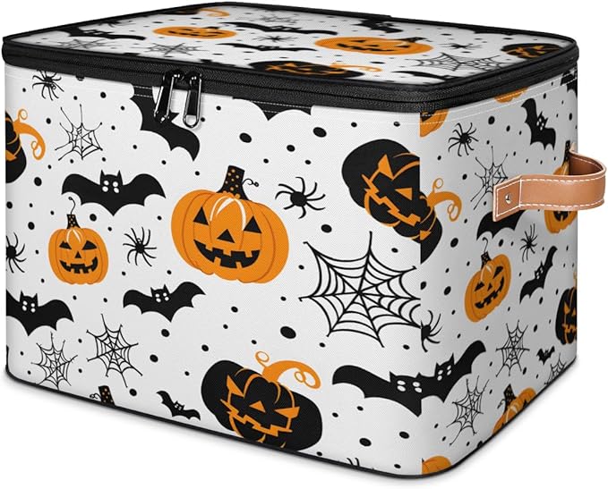 Halloween Pumpkin Storage Bins with Lids, Spiders Bat Fabric Storage Boxes with Zipper, Collapsible Decorative Closet Organizer Cube for Clothes,Organizing, Shelves-NeatNest