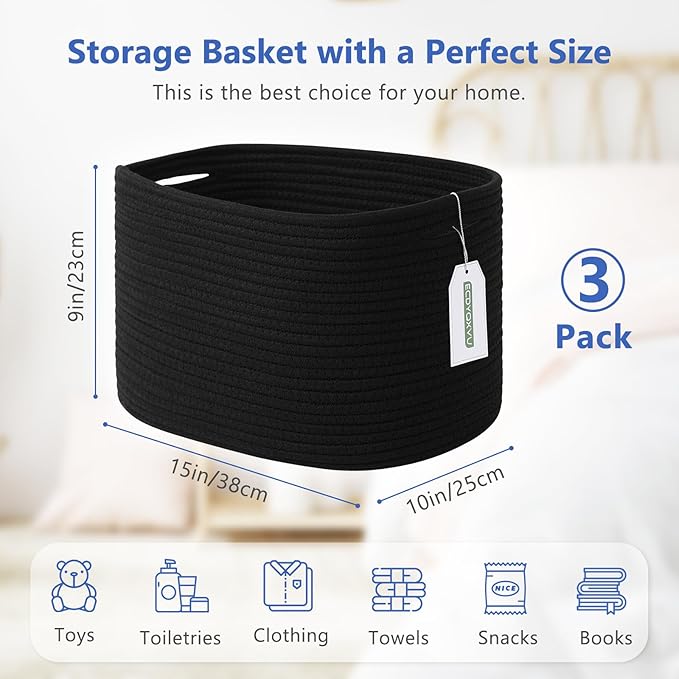 Cotton Rope Storage Basket, 15x10x9 Inches, Woven Basket for Shelves, Clothes, Toys, Towels, Books, and Laundry, Durable and Stylish, Black (3 Pack)-NeatNest