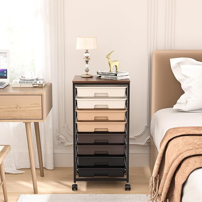 Rolling Carts with Wheels,Utility Cart with 8 Drawers and Wooden Tabletop,Rolling Drawer Cart,Plastic Drawer Storage for Living Room,Classroom,Bedroom,Bathroom,Dorm,Office,Brown