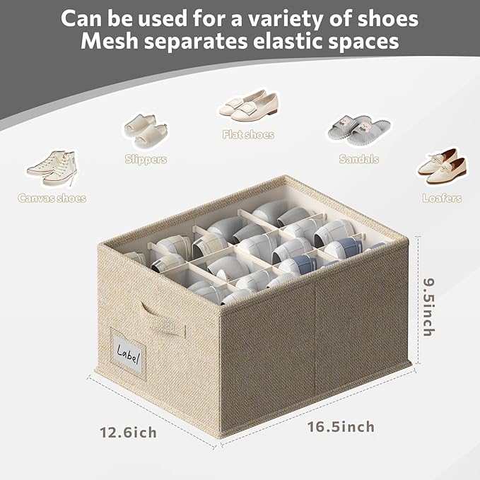 2 Pack Shoe Organizer for Closet,Fits up to 24 Pairs,Fabric Shoe Storage Bins,Large Shoe Box Storage Containers with Bottom Support for Shoes (Beige, (16.5 * 12.6 * 9.5) x1)-NeatNest