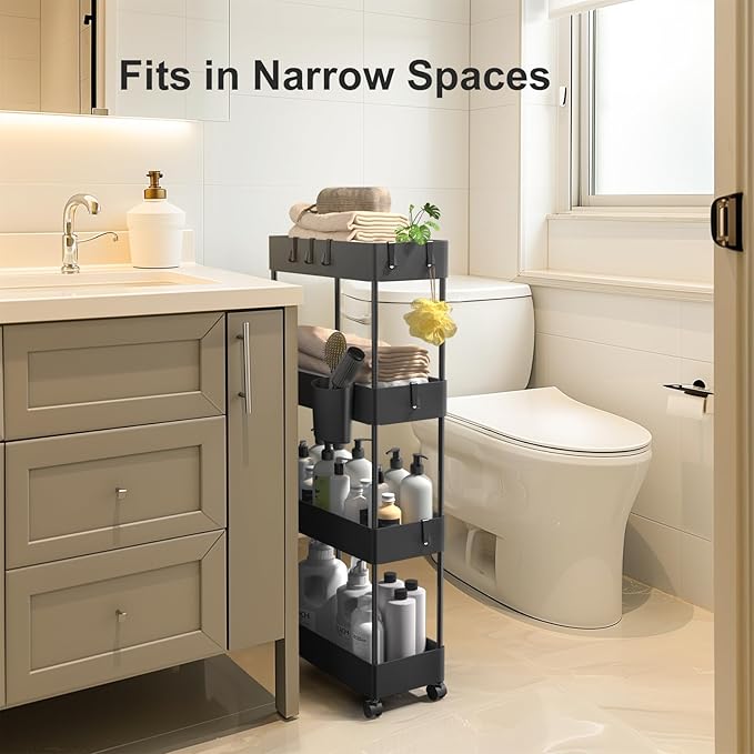 Pipishell Slim Storage Cart with Wheels, Bathroom Cart Organizer Bathroom Storage Small, Rolling Cart for Bathroom, Laundry Room, Kitchen, Narrow Space, Black PIUC05-NeatNest