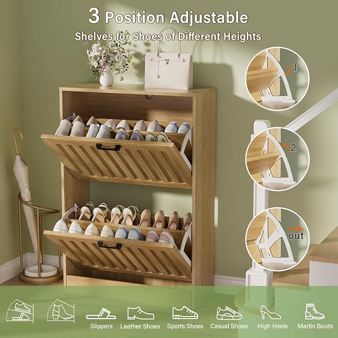 Shoe Storage Cabinet for Entryway with 2 Flip Drawers, Wooden Shoe Organizer with Adjustable Shelf, Freestanding Wood Fluted Panel Shoes Cabinet Closed Shoe Rack for Hallway, Foyer, Nature Oak-NeatNest