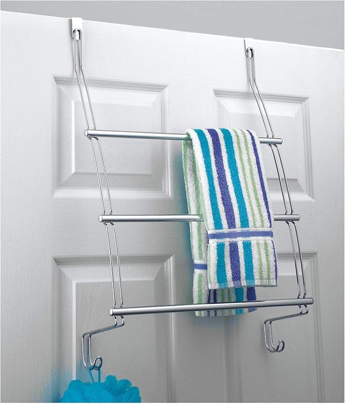iDesign Classico Steel Over-The-Door Towel Rack with Storage Hooks - 16.75" x 4.25" x 24", Chrome