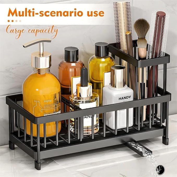 Black Sponge Holder for Kitchen Sink, Sink Caddy with Brush Holder Self-draining Sponge, Sturdy Rustproof Stainless Steel Kitchen Countertop Organizer for Soap Dispenser-NeatNest