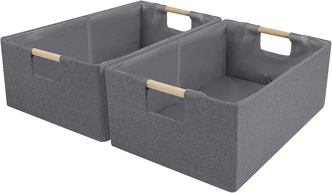 ANMINY 4PCS Storage Baskets for Organizing Collapsible Fabric Storage Bins Boxes with Wood Handles Closet Shelves Cube Organizer Bins Clothes Laundry Storage Container - Medium, Gray-NeatNest