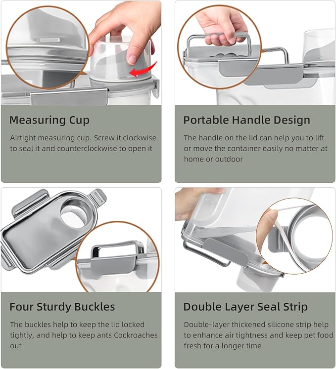 5-7LBS Airtight Dog Cat Food Storage Container with Pet stacking bowls, Upgraded Large Nozzle Clear Plastic Pet Storage Bin BPA-Free for Cats, Dogs, Birds, Chickens, Fishs-6Qt (Elegant Gray 5L-1pack)-NeatNest