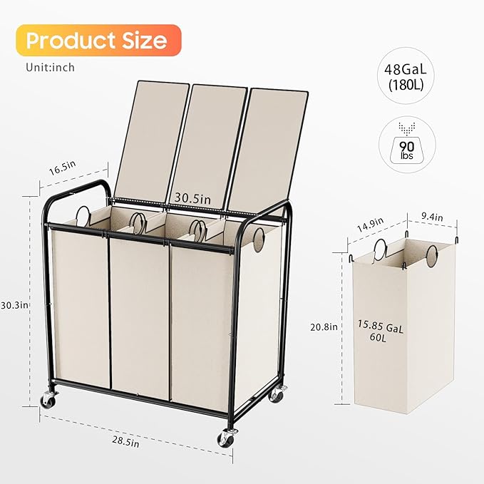 180L (47.55 Gal) Laundry Sorter 3 Section, Rolling Laundry Basket with Lockable Wheels and Lid, Laundry Hamper with 3 Separated Removable Bags Dirty Clothes Hamper for Laundry Room Organizer, White-NeatNest