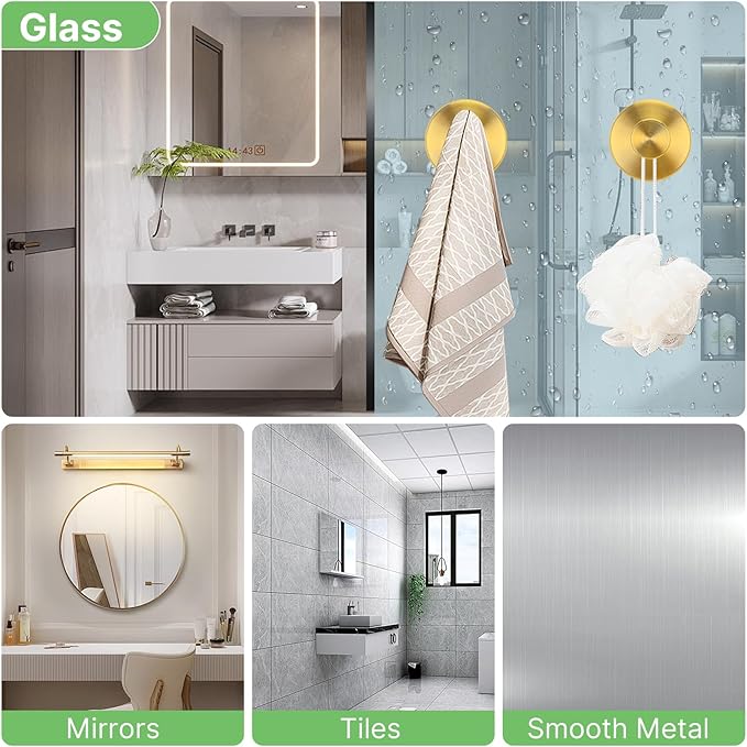 Gold Waterproof Suction Cup Hooks, 2-Pack Heavy Duty Stainless Steel No Drill Shower Hooks for Hanging Towels, Robes, Loofahs, Holder Holds Strong on Tile, Glass, Mirror, Wall, Bathroom Door