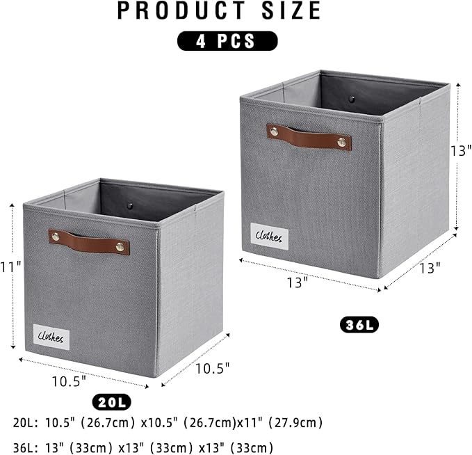 Collapsible Fabric Storage Cube Bins with 2 Reinforced PU Handles, Foldable Storage Organizer Baskets for Closet, Shelves, Living Room | 11"x11"x11", 4 Pack, Full Gray-NeatNest