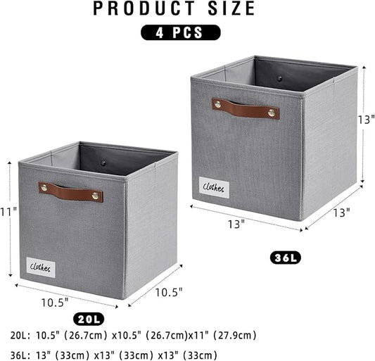 Collapsible Fabric Storage Cube Bins with 2 Reinforced PU Handles, Foldable Storage Organizer Baskets for Closet, Shelves, Living Room | 11"x11"x11", 4 Pack, Full Gray-NeatNest