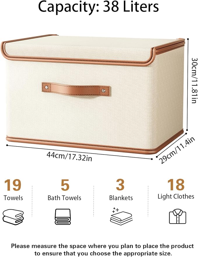 Tuza 4 Pack Storage Bins with Lids, Collapsible Closet Organizer Container, Fabric Organizer Box with Handles, Decorative Storage Boxes with Lids for Organizing Clothes, Books, File, White, Large-NeatNest