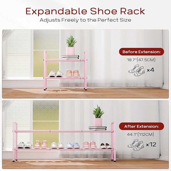 Bumusty 2-Tier Long Expandable Shoe Rack for Closet, 18"-44" Adjustable Shoe Rack for Entryway, 10-12 Pairs Large Shoe Organizer Shelf Storage, Sturdy Metal, Pink-NeatNest