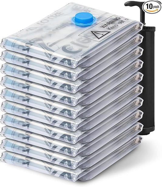 Vacuum Seal Bags for Clothing Travel, 10 Jumbo - Space Saver Vacuum Storage Bags, Blanket & Clothes Storage Bags Vacuum Sealed – Hand Pump Included, Bolsas Para Guardar Ropa Al Vacío-NeatNest