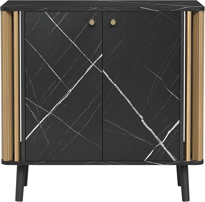 Fluted Storage Cabinet, Modern Marble Texture Accent Buffet Cabinet with Fluted Wood Strips, Side Cabinets with 2 Doors & Adjustable Partitions for Kitchen, Living Room, Black
