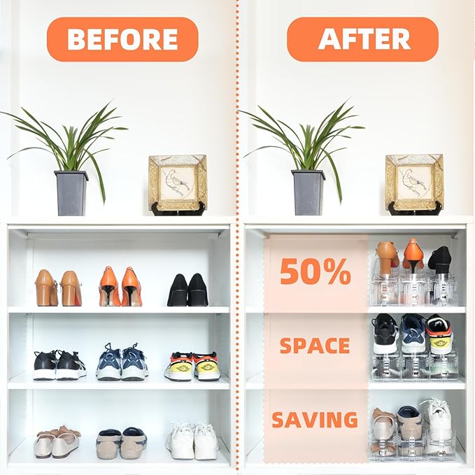 Shoe Slots Organizer, 20PCS Adjustable Double Layer Stack Shoe Rack, 50% Space-Saving Storage Rack Holder, Transparent-NeatNest