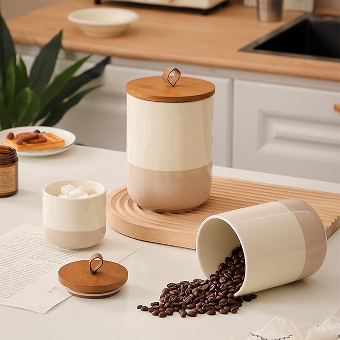 Coffee Canister, Ceramic Food Storage Jars with Lids Salt Matcha Container Brown Sugar Container Bowl for Kitchen Tea, Coffee Beans, Spice (#001Khaki-9oz/260ml)-NeatNest