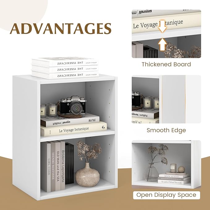 Giantex Bookshelf and Bookcase Set of 2, 2-Layer White Storage Shelf W/Large-Capacity Open Storage Space for Living Room Bedroom Study Office Multi-Functional Furniture Display Cabinet
