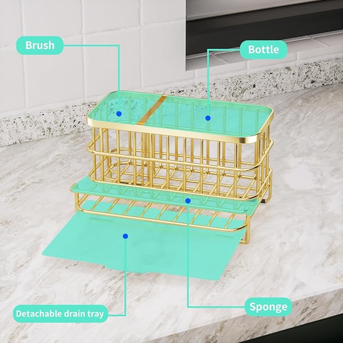 HapiRm Multifunctional Kitchen Sink Organizer with Removable Drain Tray, Quick Draining Rustproof Sink Caddy, Stainless Steel Kitchen Sponge Holder for Holds Sponge, Cleaning Towel and Scrubber - Gold