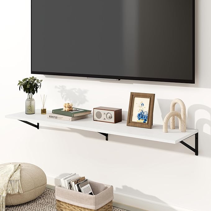 Fun Memories Floating Shelves for Wall, 12 Inch Deep Floating Shelves Set of 2, 55W x 12D Large Wall Shelf with Sturdy Metal Brackets for Living Room, Bathroom, Bedroom and Kitchen, White-NeatNest
