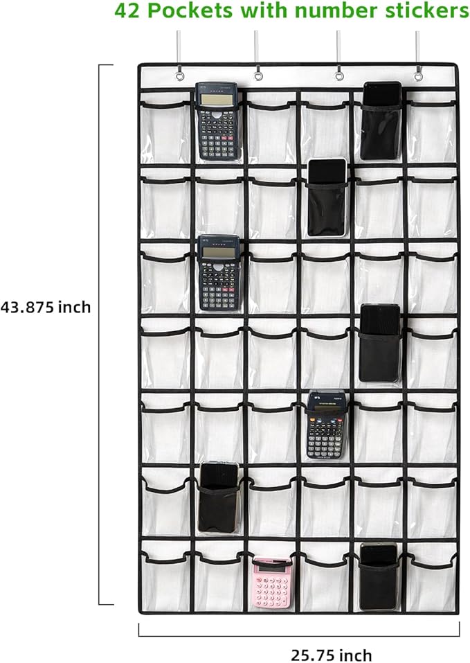 42 Clear Pockets Classroom Pocket Chart for Cell Phones and Calculator, Pocket Chart Organizer for Classroom Phone Storage Holder with 42 Number Sticker and Hooks (White)-NeatNest
