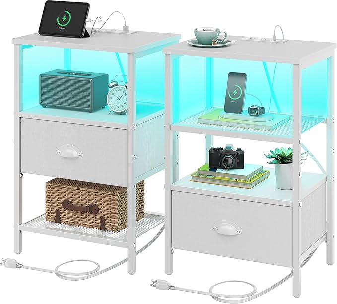 Sthmec Nightstands Set of 2, LED Bedside Tables with Charging Station and Fabric Drawer, Night Stand with Storage, 3 Tier Side Table with Open Shelf, LED Nightstand with Charging Station, White