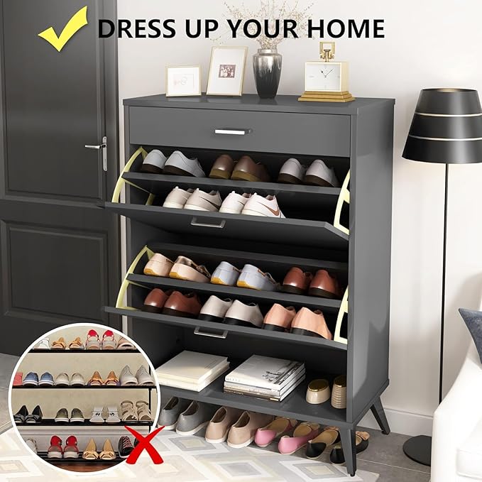 AWQM Shoe Storage Cabinet for Entryway, Free Standing Shoe Organizer with 2 Flip Drawers,Hidden Shoe Rack Storage Organizer for Doorway Hallway (Grey)-NeatNest