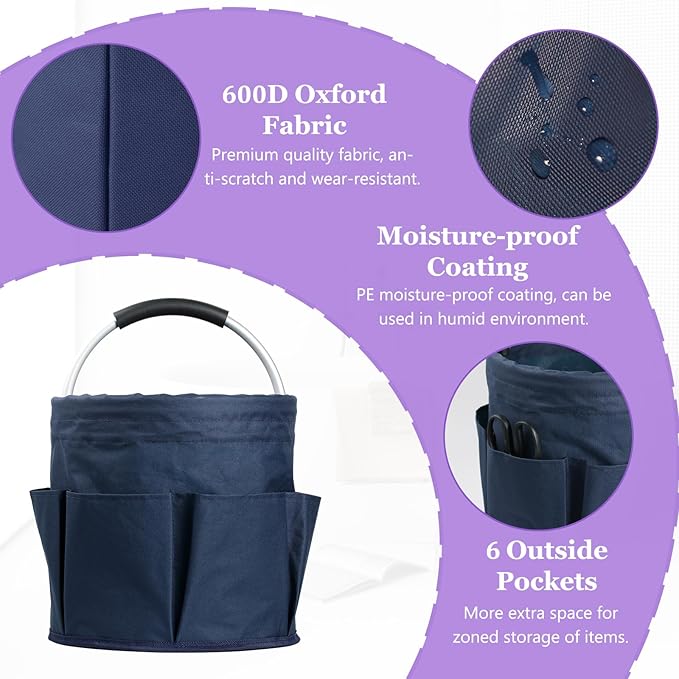 17L Cleaning Caddy with Handle, Portable Shower Caddy in 600D Oxford Fabric, Bucket Tool Organizer with 6 Side Pockets, Collapsible Storage Basket for Cleaning, Camping, Navy Blue-NeatNest