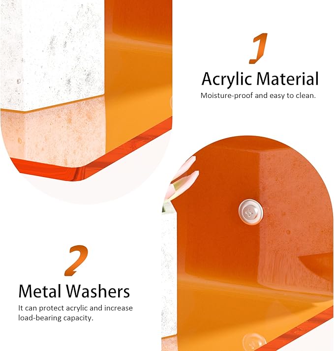 12 Inches Small Orange Wall Shelves Set of 2, Acrylic Floating Shelf for Bedroom, Living Room, Funko Pop Shelves, Smart Speaker, 2 Pack-NeatNest