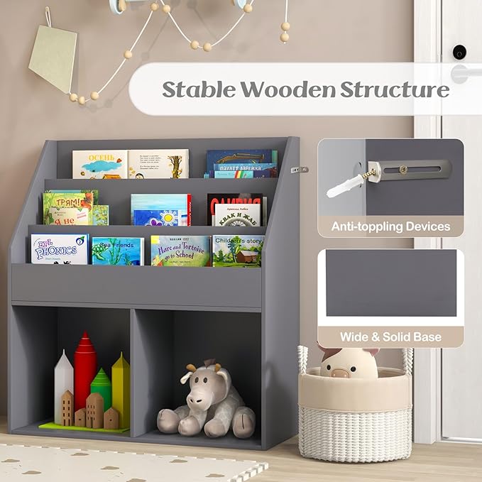Costzon Kids Bookshelf, Wooden Toy Storage Cabinet Organizer w/Shelves, 2 Large Cubes & Anti-Tipping Devices, Children Bookcase Display Sling Book Rack for Kids Room, Nursery, Kindergarten (Gray)-NeatNest