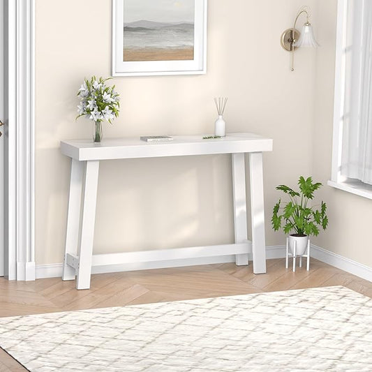 Bamboo Wood Entryway Table 47.2" Console Table, Narrow Sofa Table with Support Beam for Entrance, Hallway, Living Room, Bedroom, Foyer(White)-NeatNest
