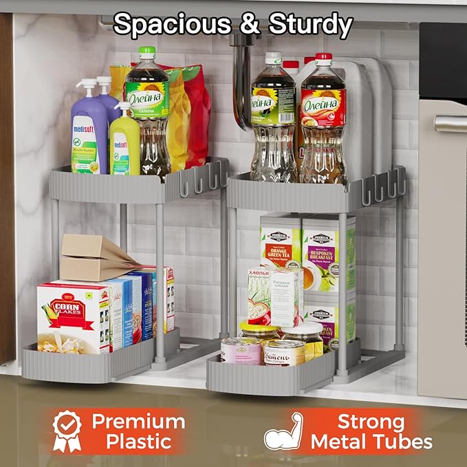 2 Pack Multi-Purpose Pull-Out Storage Organizers, Under Sink Organizers and Storage for Bathroom & Kitchen, Under Cabinet Organizers and storage, 12.8 Inch, Grey-NeatNest