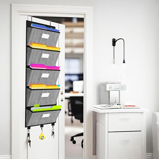 homyfort Over the Door File Organizer, Hanging File Folders, Wall Organizers and Storage for Mail, Magazine, Notebooks, Planners, Office, Classroom, 5 Extra Large Pockets, 50.39” Tall (Black)-NeatNest