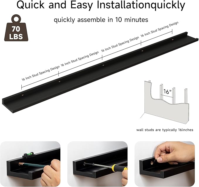 Floating Picture Ledge Shelves for Wall Set of 2, 84 Inches Picture Ledge Shelf with Long Large Nursery Book Shelf for Toys Storage Kids Bookshelf Wall Mounted Living Room Bedroom Decor Frames, Black-NeatNest