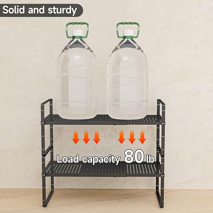 2Pack 16.5-27’’L Expandable Stackable Cabinet Shelves, Adjustable Spice Rack Cabinet Shelf Organizer for Kitchen, Countertop, Pantry and Cupboard, Black-NeatNest