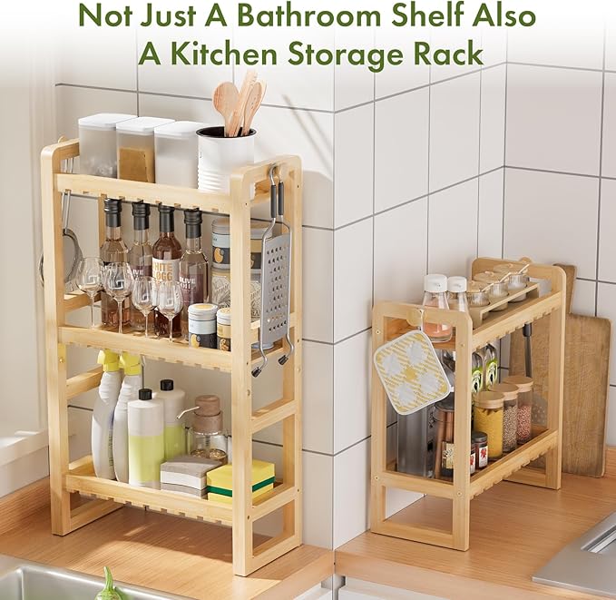 AmazerBath Bamboo Over The Toilet Storage Shelf - 3-Tier Bathroom Organizers and Storage Shelves, 2 in 1 Dual Stable Above Over Toilet Bamboo Shelf Home Storages Rack for Small Bathroom, Space Saver-NeatNest