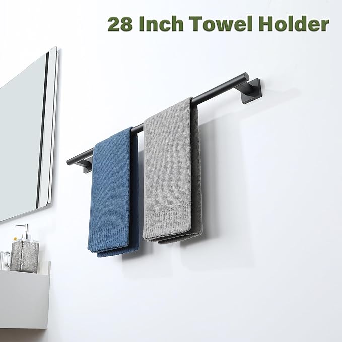 Alise Bathroom Towel Bar, 28 Inch Towel Racks for Bathroom, SUS304 Stainless Steel Towel Holder Heavy Duty Wall Mounted Towel Rack Matte Black Towel Bar