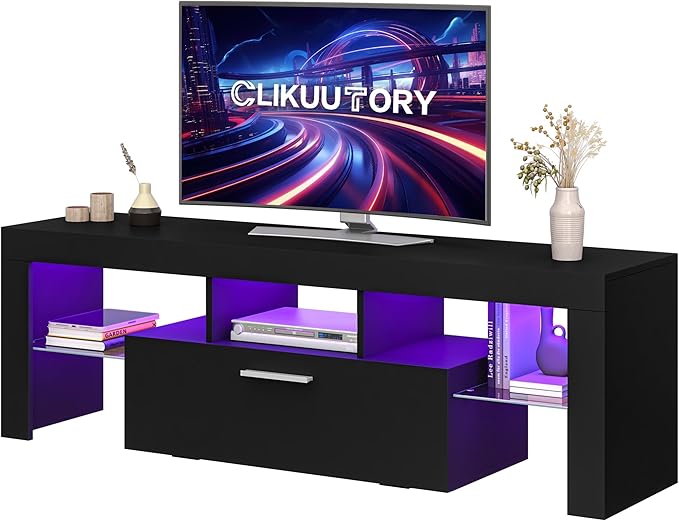 Clikuutory Modern Lighting 51 inch TV Stand with Large Storage Drawer for 32 40 50 55 Inch TVs, TV Console with 20 Color LED Lights, Entertainment Center Media and Open Shelf for Bedroom, Black-NeatNest