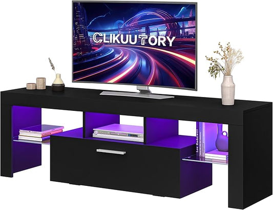Clikuutory Modern Lighting 51 inch TV Stand with Large Storage Drawer for 32 40 50 55 Inch TVs, TV Console with 20 Color LED Lights, Entertainment Center Media and Open Shelf for Bedroom, Black-NeatNest