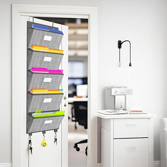 homyfort Over the Door File Organizer, Hanging File Folders, Wall Organizers and Storage for Mail, Magazine, Notebooks, Planners, Office, Classroom, 5 Extra Large Pockets, 50.39” Tall (Grey)-NeatNest