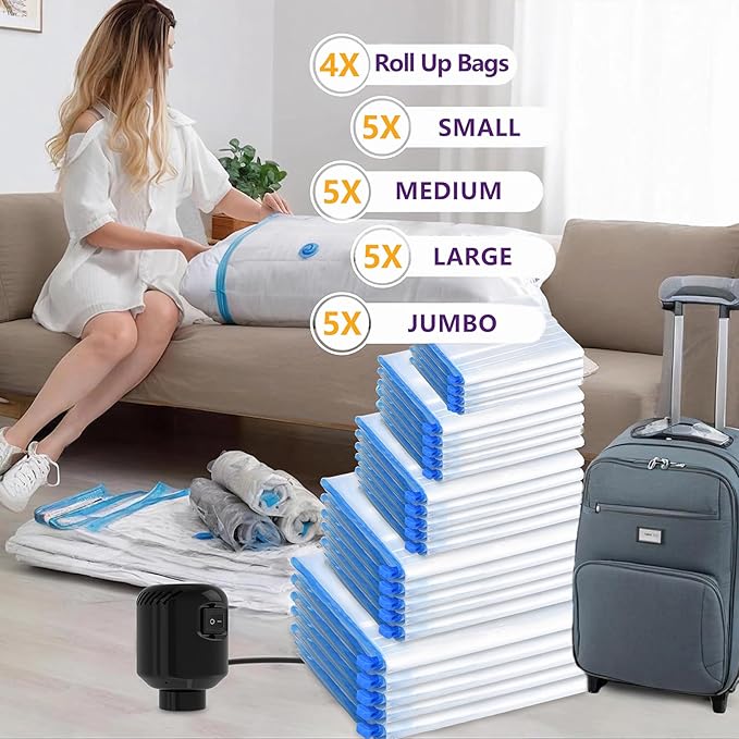 Morecoo 24Pack Vacuum Storage Bags with Electric Pump & New Air Valve, Space Saver Compression Bags for Clothes, Comforters, and Travel Essentials – Includes Jumbo, Large, Medium, Small & Roll-Up Bags-NeatNest