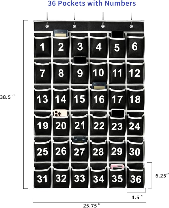 36 Pockets Black Numbered Classroom Pocket Chart for Cell Phones, Hanging Pocket Chart Storage for Classroom Phone Calculator Holder with 4 Hooks (Black-36pockets)-NeatNest