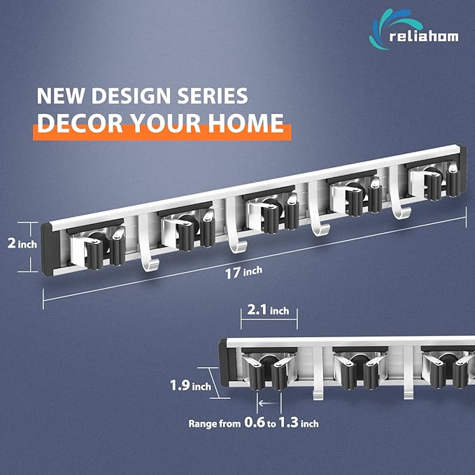 Broom Holder Wall Mount Mop and Broom Hanger Wall Mounted Garage Storage Rack Kitchen Garden Tool Organizer (5 Racks with 4 Hooks, Black)-NeatNest