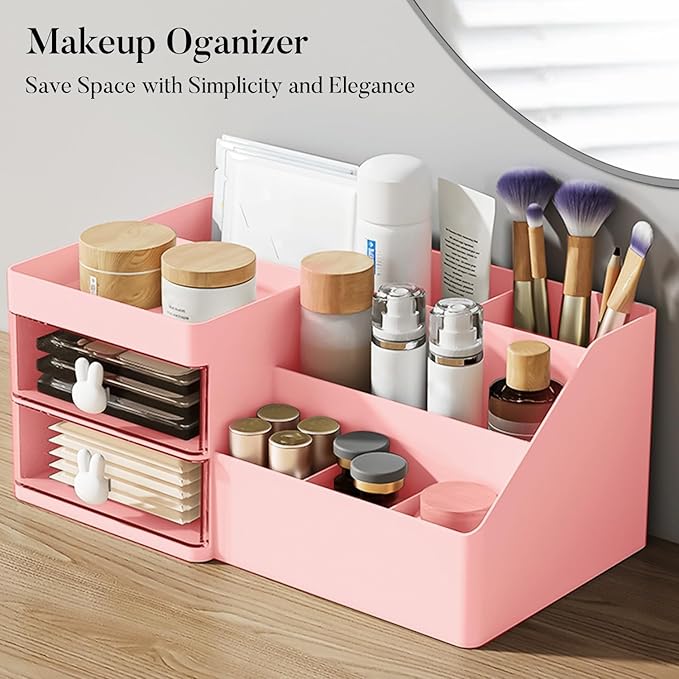 Makeup Organizer, Cosmetic Desk Storage Box with Drawers Skincare Organizers for Dressing Table, Countertop, Bathroom Counter, Vanity Holder for Brushes, Lotions, Lipstick, Perfume (Pink-Clear)-NeatNest
