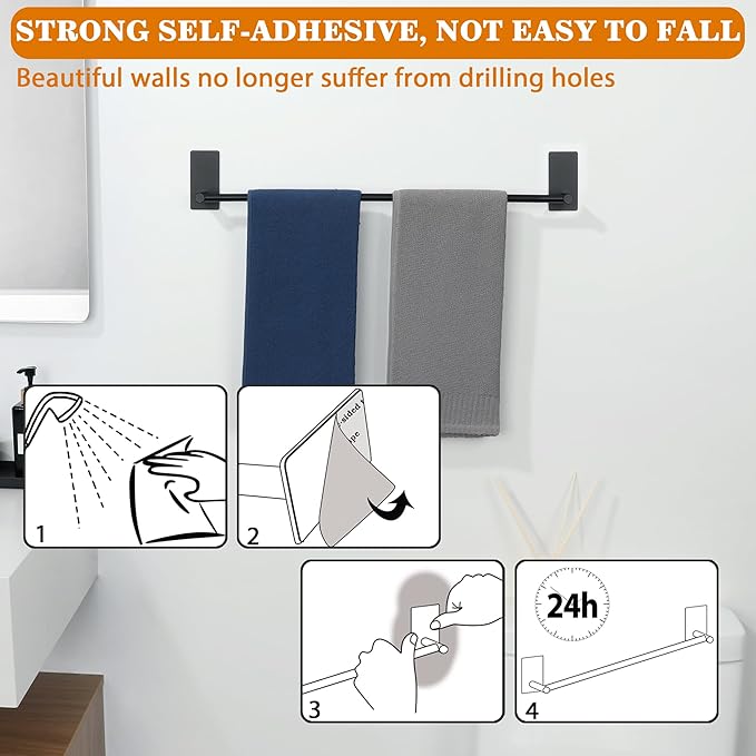 Alise Towel Racks for Bathroom, 16 Inch SUS 304 Stainless Steel Adhesive Towel Bar No Drill, Strong Adhesion Matte Black Towel Rack, Rustproof Bath Towel Holder
