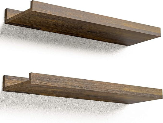 Floating Shelves for Wall, Wall Mounted Shelves Set of 2, Rustic Shelves with Lip, Display Picture Ledge Shelf for Wall Decor Living Room Bathroom Kitchen - Brown-NeatNest
