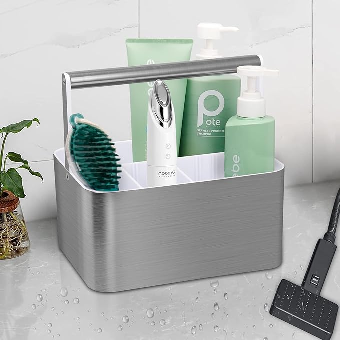 Plastic Shower Caddy Basket - Portable Large Bath Storage Organizer Bin Tote with Handle and divider for College Dorm,Cabinet,Bathroom Counter, Brushed Nickel White