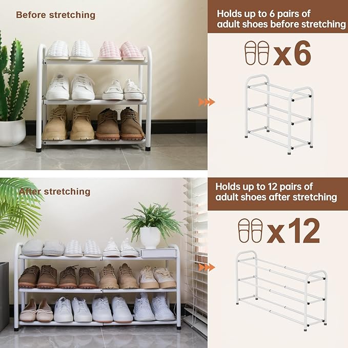 Gonfoam 3-Tier Expandable Shoe Rack,Adjustable Shoe Shelf Storage Organizer Heavy Duty Metal Free Standing Shoe Rack for Entryway Closet Doorway (White)-NeatNest