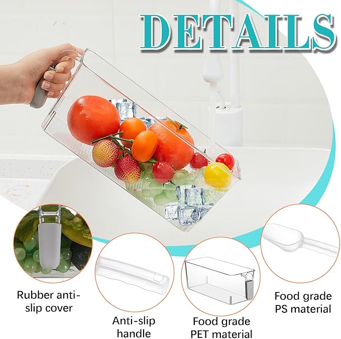Havawish 2 Set Ice Bin and Flexible Scoop Set Plastic Freezer Ice Bin with Pull Out Handle Clear Storage Bucket for Container with Bucket Scoop(Grey,10.83 x 4.92 x 4.33 in)